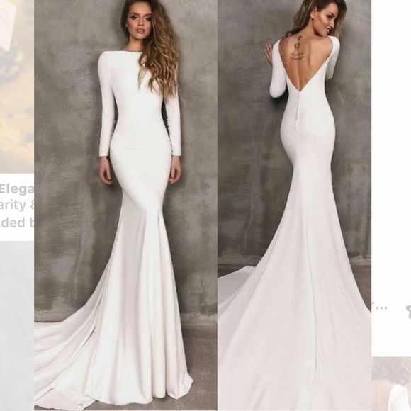 Elegant Long Sleeve Mermaid Wedding Dress, Long Cowl Back - Picture 4 of 6